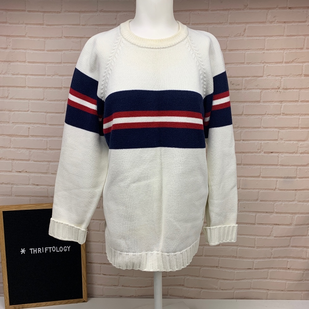 90’s Tommy Hilfiger Blue White Red Striped Sweater - Picture 1 of 8